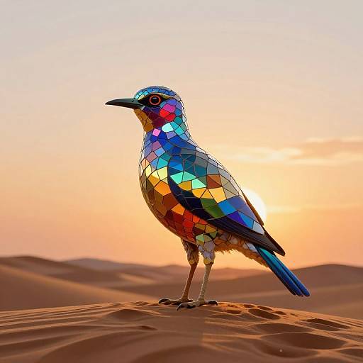 Digital art of a colorful, mosaic-style bird standing on desert sand at sunset, with warm orange and yellow sky in background.