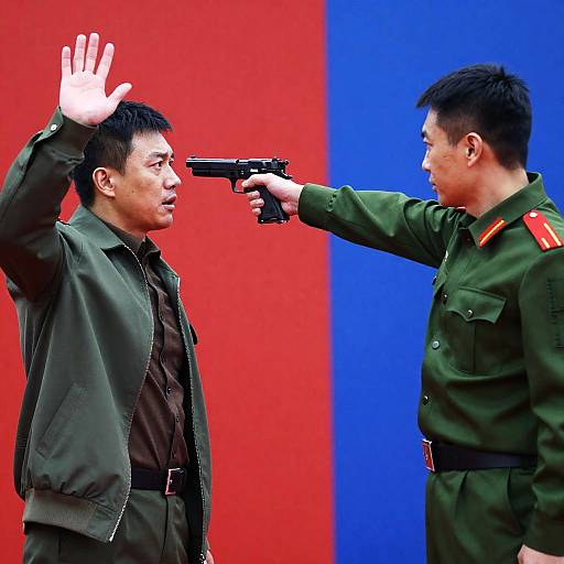 Tense Confrontation Between Two Asian Men with Gun