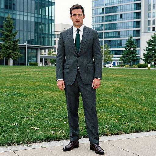 Photograph of a serious, dark-haired man in a gray suit, white shirt, and green tie, standing on grass in front of modern glass buildings