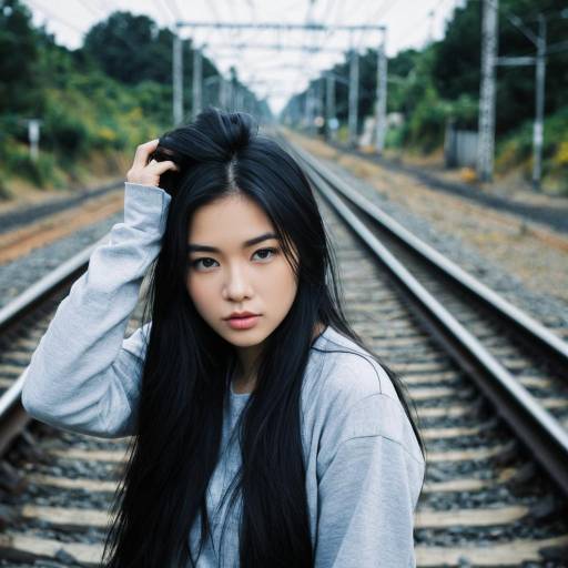 Asian Woman on Railroad Tracks