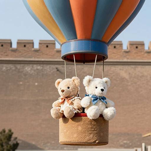 Photograph of two teddy bears, one beige with a brown bow and one white with a blue bow, hanging in a basket beneath a colorful hot