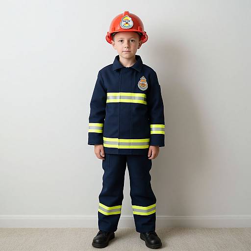 Photograph of a young boy standing against a white wall, wearing a red fire helmet and navy blue firefighter uniform with yellow stripes and a fire department patch