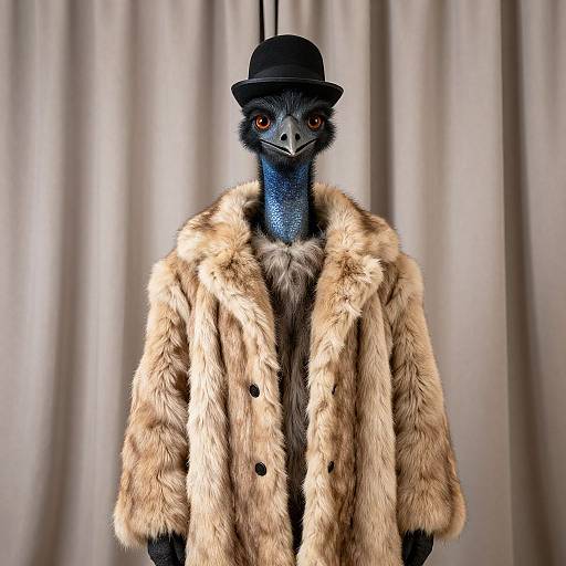 Photograph of a surreal, anthropomorphic emu wearing a black bowler hat and a luxurious, beige fur coat, standing against beige curtains.