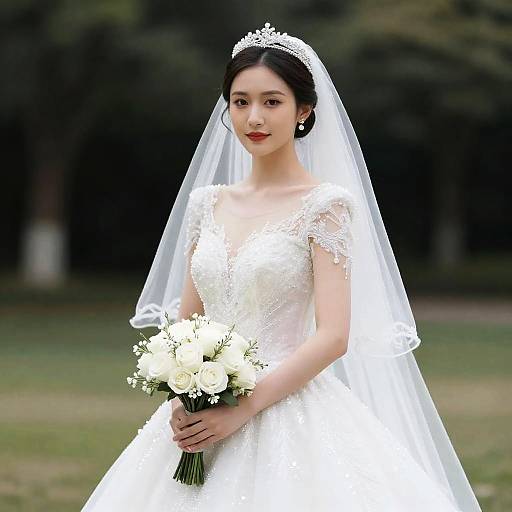 Photograph of an Asian bride in a white lace wedding dress with a veil, holding a bouquet of white roses, standing outdoors.