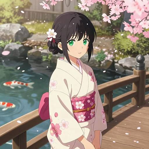Anime-style drawing of a young girl with black hair and green eyes, wearing a white kimono with pink floral patterns, standing by a wooden bridge overlooking