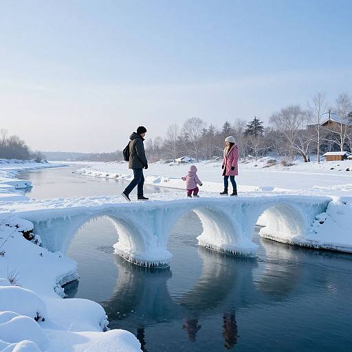 Photograph of three people walking on a snow-covered, icy bridge with arches reflecting in a frozen river, under a bright blue sky.