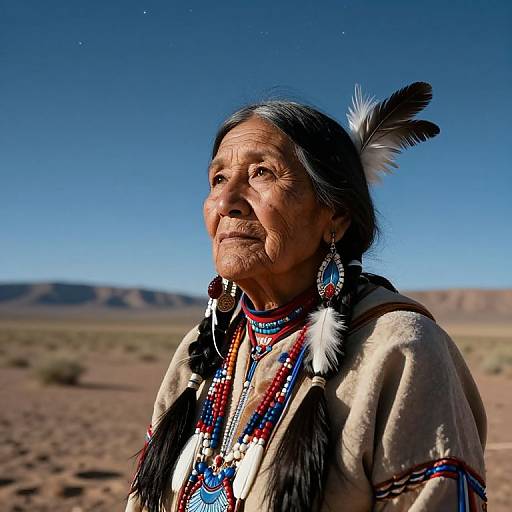Photograph of an elderly Native American woman with long black hair, wearing traditional feathered headpiece, colorful beadwork, and tan robe, standing in