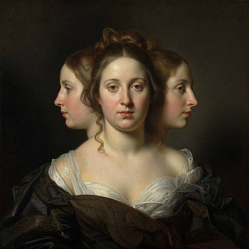 Baroque-style painting of a fair-skinned woman with brown hair, wearing a black dress with white lace, flanked by two profile views of her