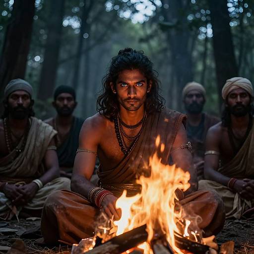 Photograph: Brooding, muscular Indian tribesman with dark skin and long hair, sitting cross-legged by a vivid campfire, surrounded by fellow tribes