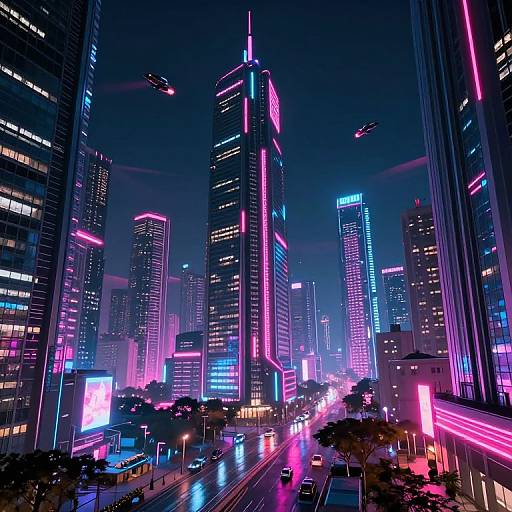 Neon-lit, futuristic cityscape photograph: Tall skyscrapers with vibrant pink, blue, and purple lights, bustling streets with headlights, and