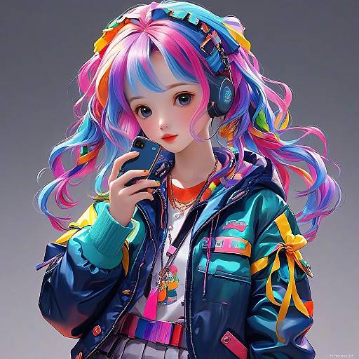 Digital anime-style illustration of a pink-blue-haired girl with colorful hair ribbons, wearing a vibrant jacket, headphones, and holding a phone.