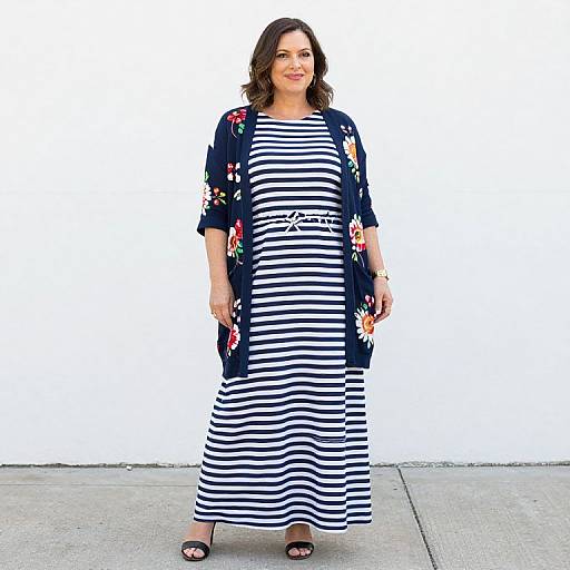 Photograph of a smiling, medium-build woman with wavy brown hair, wearing a black floral kimono over a long, navy and white striped dress