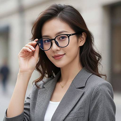 Photograph of an attractive Asian woman with wavy black hair, wearing black-rimmed glasses, gray blazer, white top, and gold necklace