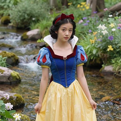 Digital illustration of a young Asian woman in a Snow White costume, standing in a lush, flower-filled forest beside a clear stream.