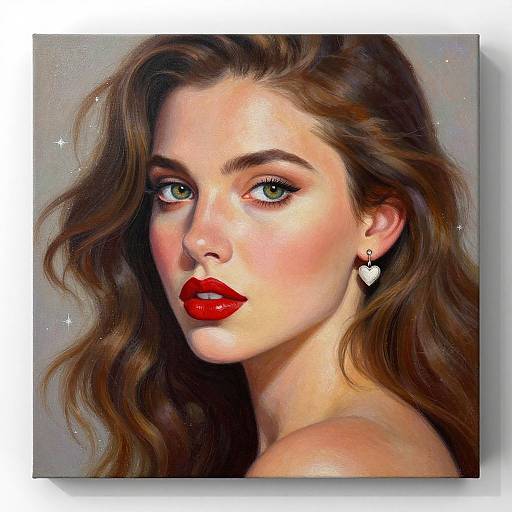Digital portrait of a stunning woman with green eyes, red lipstick, wavy brown hair, heart earrings, and a subtle sparkling background.