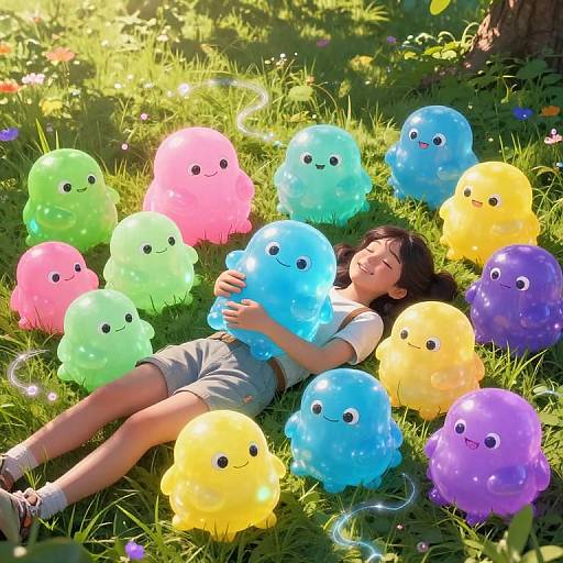 Digital illustration of a sleeping Asian girl in a white shirt and gray shorts, surrounded by colorful, glowing, jellyfish-like creatures on a sunny, grass