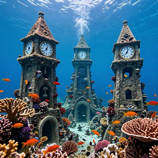 Surreal Underwater Coral Clock Towers