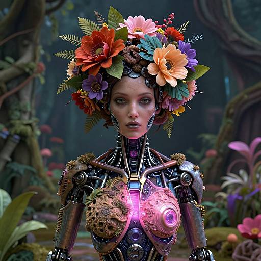 Cyborg woman with mechanical chest and glowing heart, wearing colorful flower crown, in a mystical forest. Digital art, sci-fi fantasy style.
