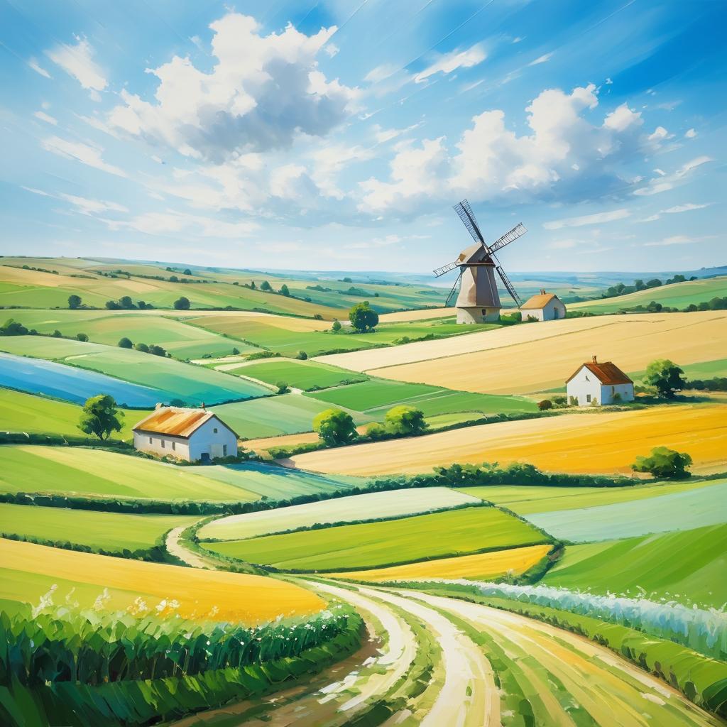 Romantic Countryside Landscape with Windmill