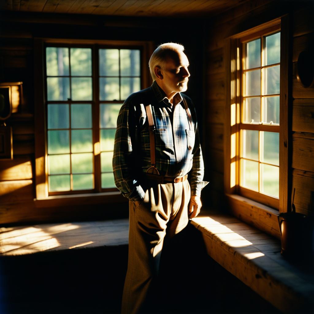 Pensive Man in Rustic Cabin