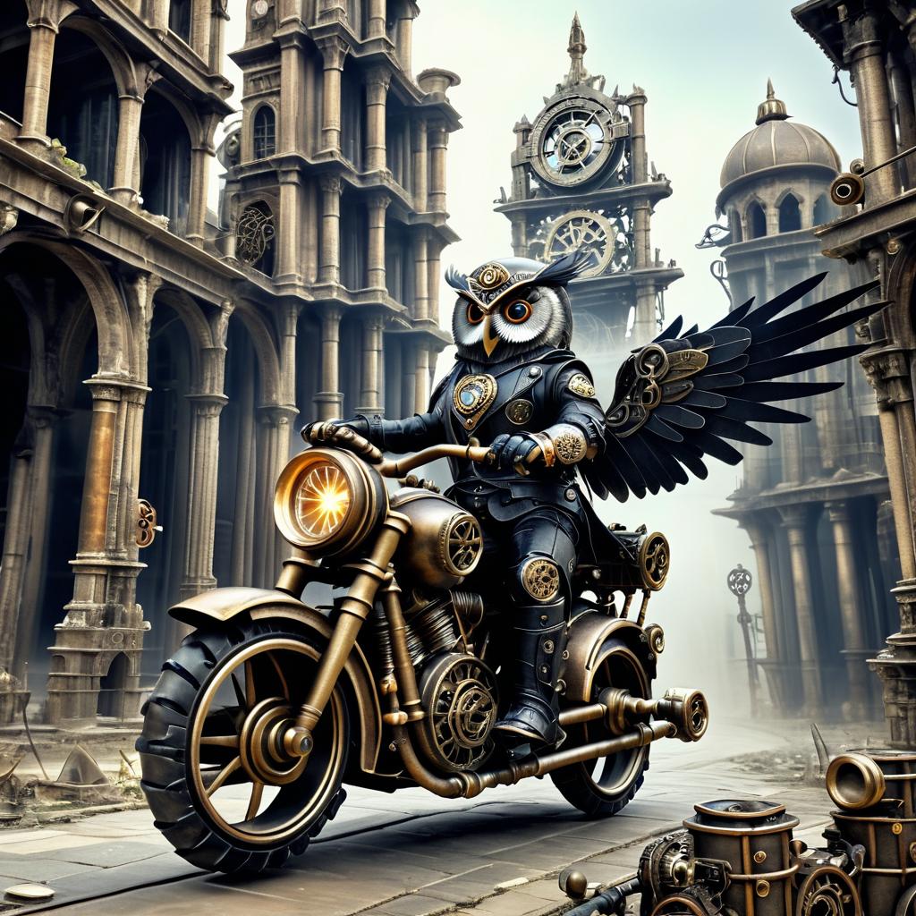 Steampunk Owl on Gothic Motorcycle Adventure