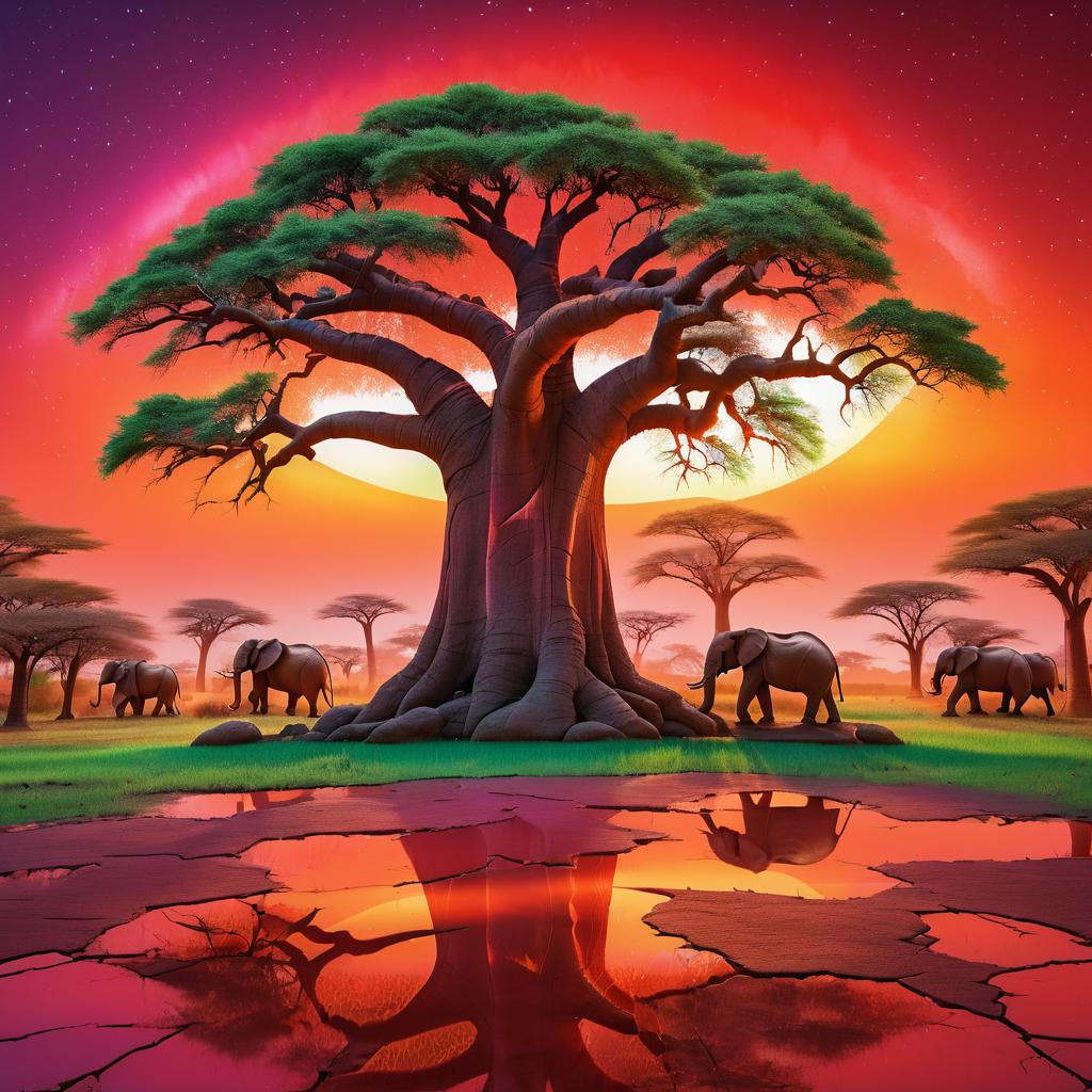 Vibrant Mystical Scene with Baobab Tree