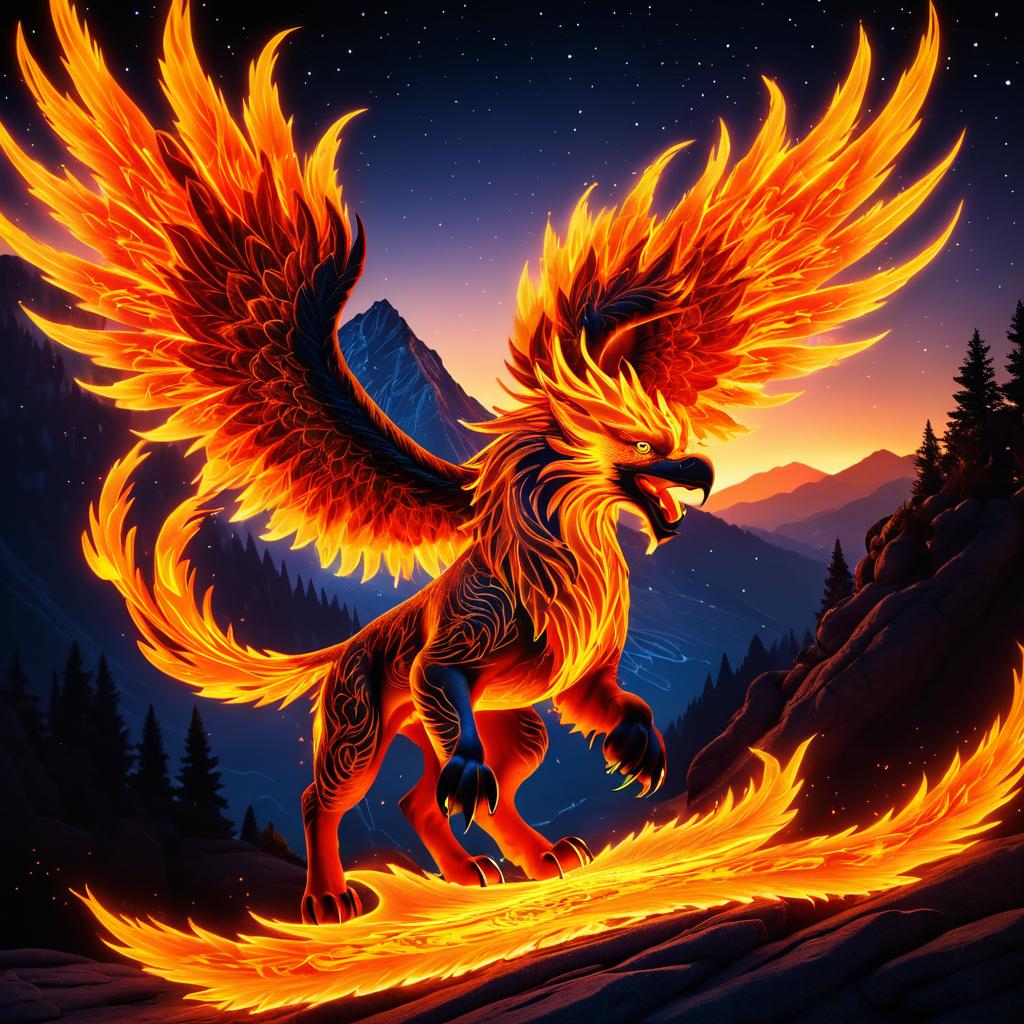 Majestic Griffin in Fiery Mountain Landscape