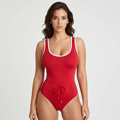 Photograph of a brunette woman with wavy hair, wearing a red one-piece swimsuit with white trim, standing against a plain white background.