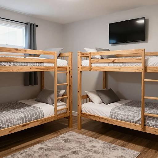 Photograph of a small, modern bedroom featuring two wooden bunk beds with gray and white bedding, a flat-screen TV, and a gray curtain.