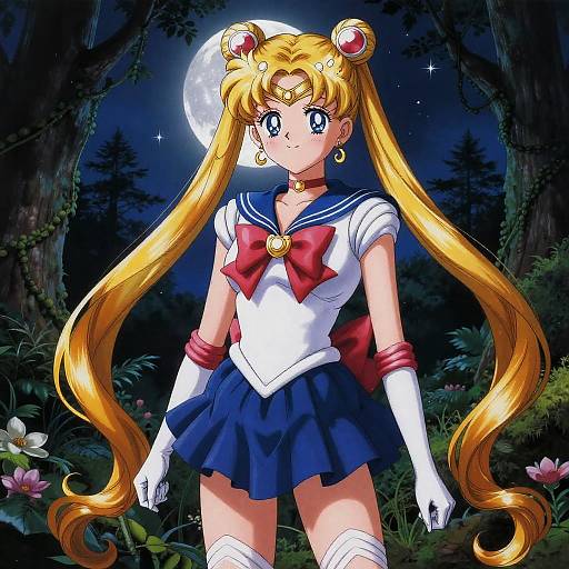 Digital anime artwork of Sailor Moon with long blonde pigtails, blue sailor outfit, red bow, white gloves, and blue skirt, standing under a