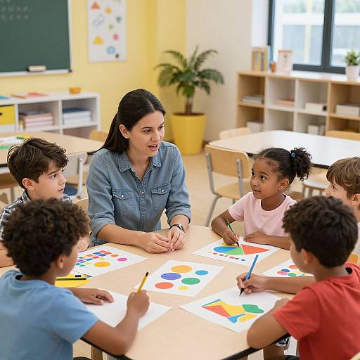 Teacher Guiding Children in Classroom Art Project