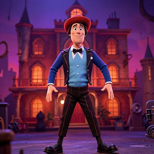 CGI cartoon of a smiling man in a red hat, blue jacket, white vest, black pinstripe pants, bow tie, and black shoes