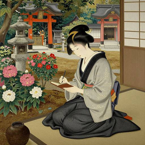 Traditional Japanese illustration of a kimono-clad woman with black hair in an updo, writing in a garden with red and white flowers, beside a