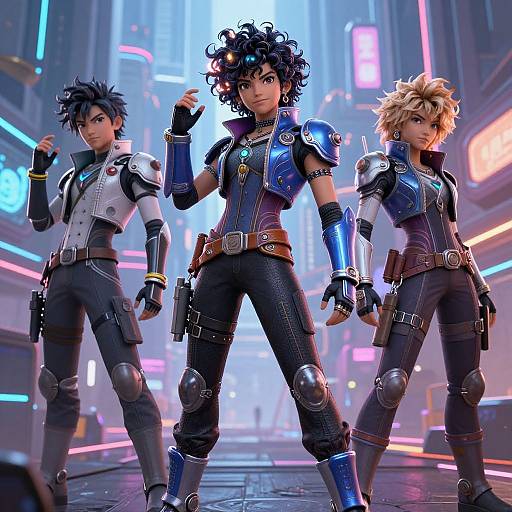 CGI image of three anime-style characters in futuristic, neon-lit city; each wears armored, cyber-punk outfits with guns, standing confidently.