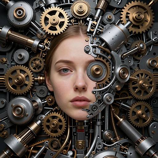 Photorealistic digital art of a young woman with fair skin and blue eyes, surrounded by intricate mechanical gears and cogs, blending human and machine elements