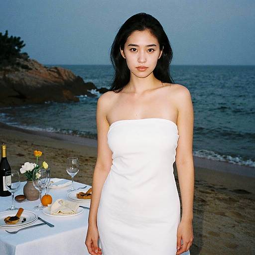 Photograph of an Asian woman with long black hair, wearing a white strapless dress, standing on a beach at dusk, in front of a table