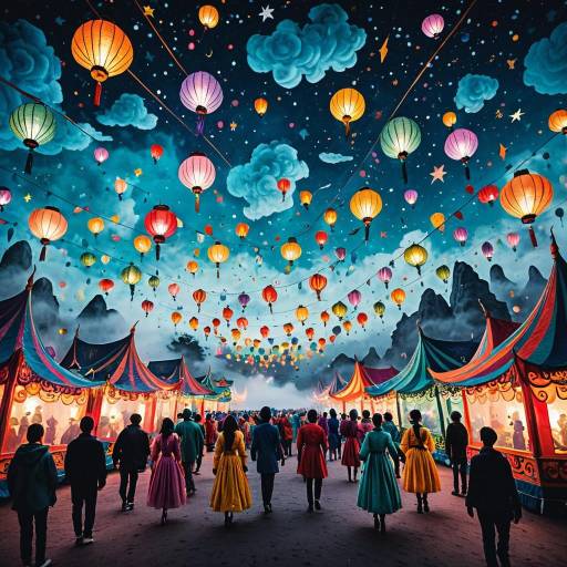 Whimsical Floating Lantern Parade in Surreal Realm