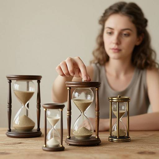 Photograph of a curly-haired woman in a gray tank top, gently touching four wooden and brass hourglasses on a wooden table.