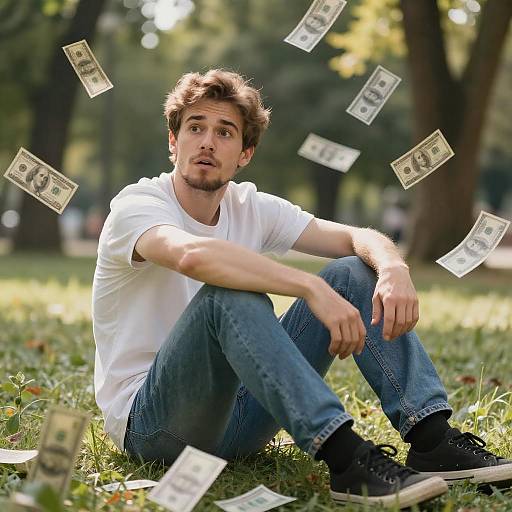Photograph of a surprised young man in a white t-shirt and blue jeans, sitting on grass with floating dollar bills. Sunlit park background.
