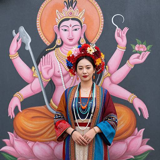 Photograph of an Asian woman in colorful traditional attire with a floral headdress, standing before a vividly painted, multi-armed pink goddess on a