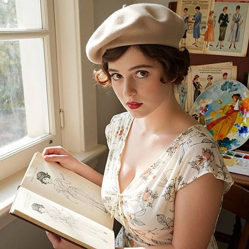 Photograph of a fair-skinned woman with dark curly hair, red lipstick, and vintage beret, wearing a floral dress, holding an illustrated book