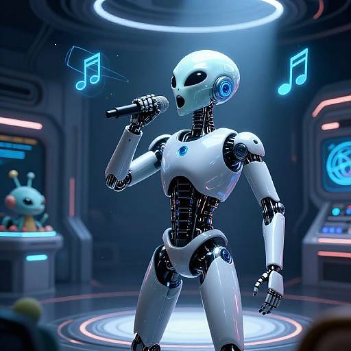 Digital art of a white and black humanoid robot singing into a microphone, illuminated by blue neon lights in a futuristic room. Music notes float above its head