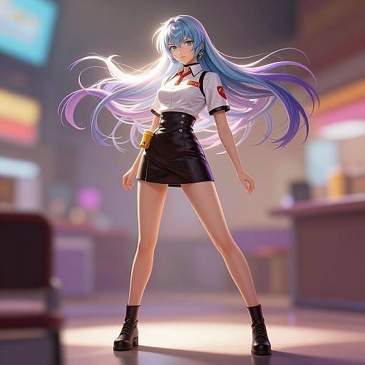Digital anime-style drawing of a blue-haired girl in a white shirt, black skirt, and boots, standing confidently in a brightly lit, blurred urban background