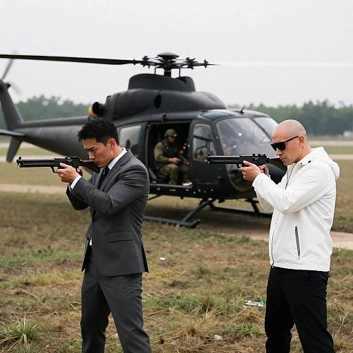 Men Aiming Guns Near Black Helicopter