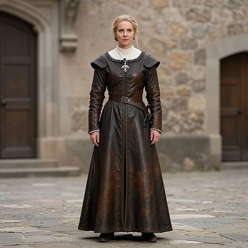 Photograph of a blonde woman in a black, medieval-style leather dress with white collar, standing on a stone-cobbled street in front of a stone