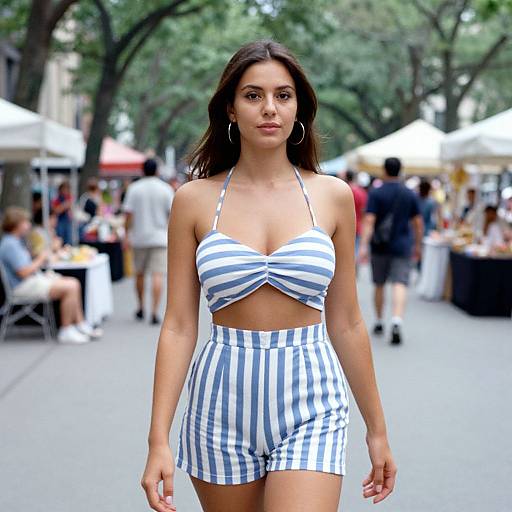 Photograph of a young woman with long dark hair, wearing a blue and white striped halter top and high-waisted shorts, walking confidently in