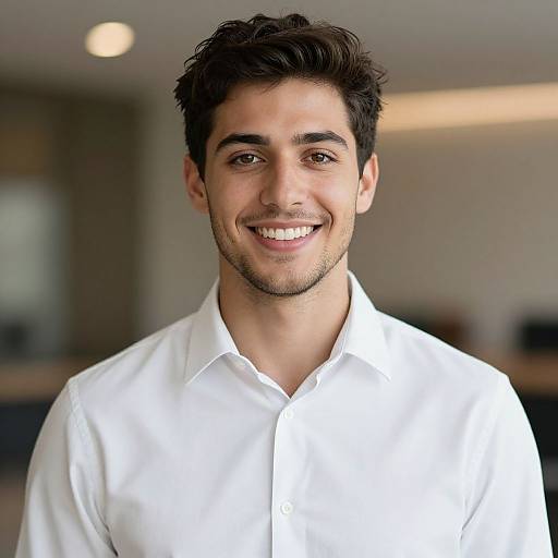 Photograph of a smiling young man with dark hair, light skin, and brown eyes, wearing a white button-down shirt, in a blurred office background