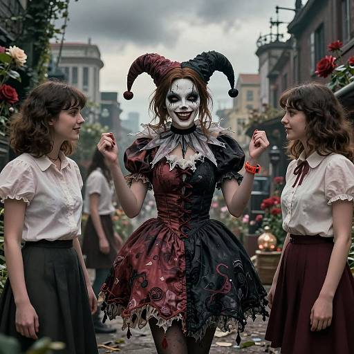 Photograph of a woman in a jester costume with white face paint and black-red dress, flanked by two women in white shirts and brown skirts
