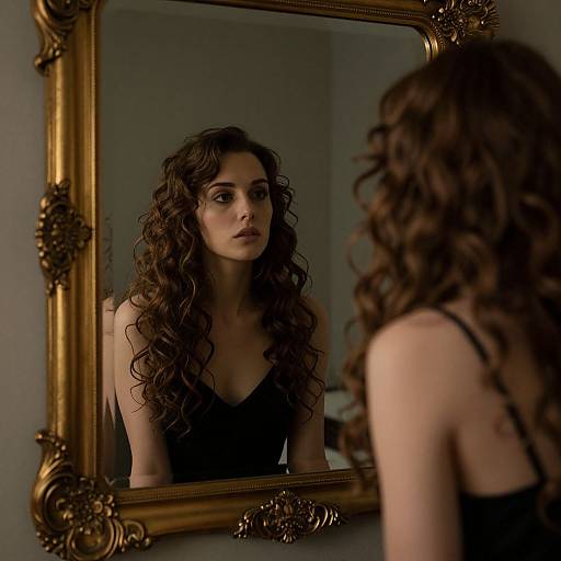 Photograph of a woman with long curly brown hair, wearing a black dress, gazing intently at her reflection in an ornate gold-framed