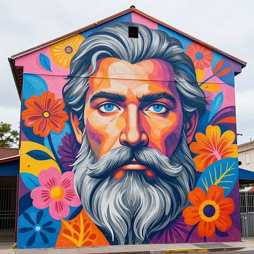 Urban Mural of Man with Floral Background